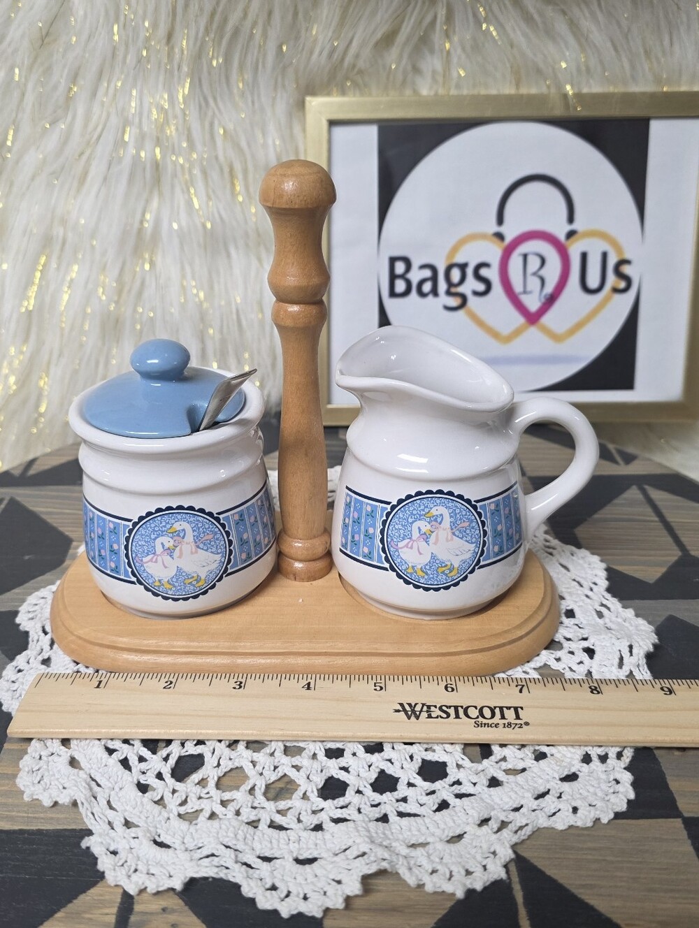 VINTAGE COUNTRY GEESE RIBBON GEESE GOOSE SUGAR BOWL & CREAMER PITCHER W/CADDY